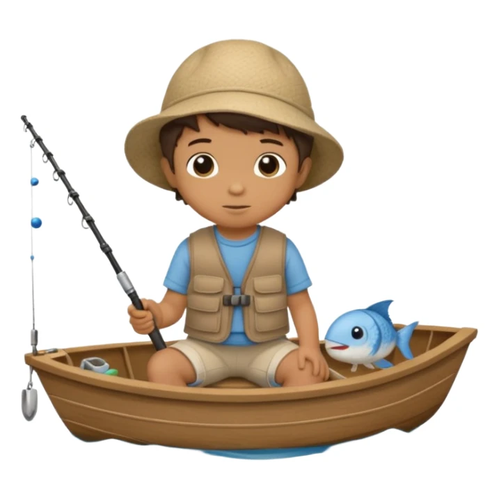 A single Little boy on a little boat fishing, felt texture, scrapbooking, precious moments style character sticker