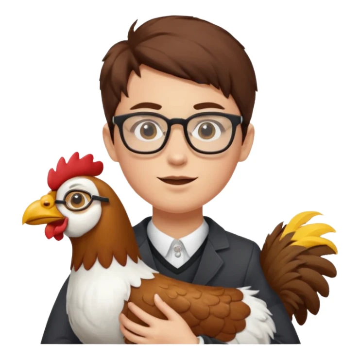 A dued whareing glasses that's ridding a dog-chicken mix sticker