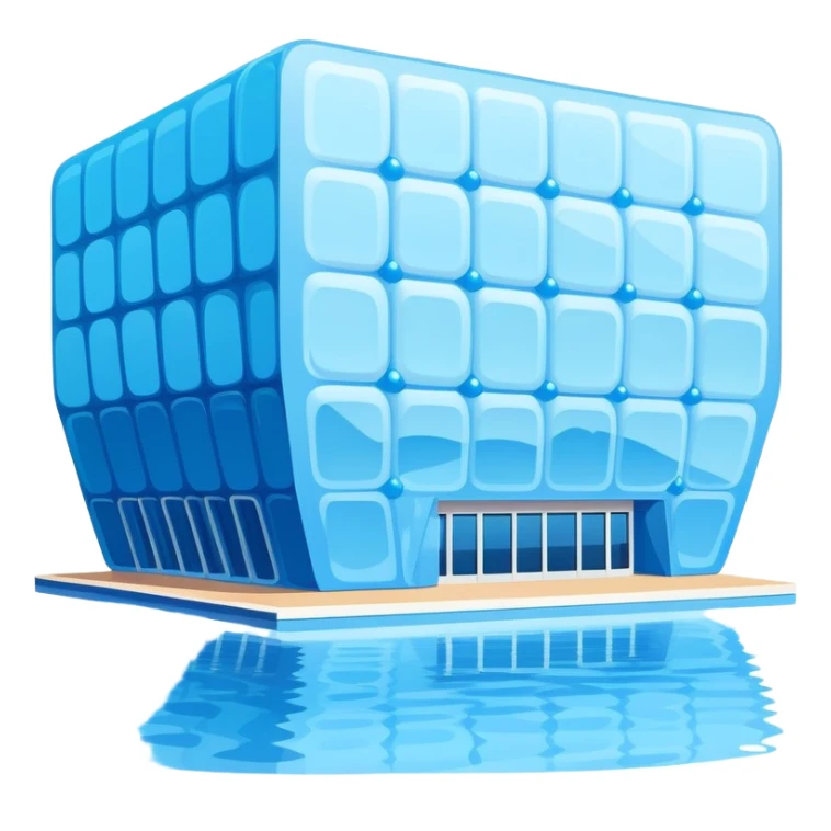 Beijing Water Cube National Aquatics Center blue bubbled building, simplified emoji style with bold outlines and bright colors, cartoon style modern structure sticker