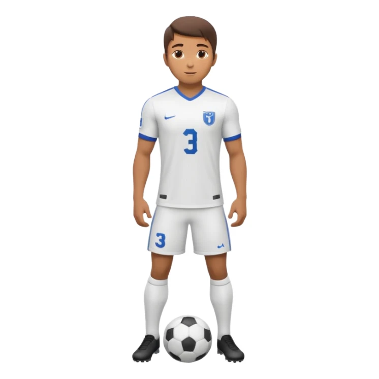 Apple emoji style 23 year old soccer player standing confident pose, white jersey #3, ultra detailed 3D sticker