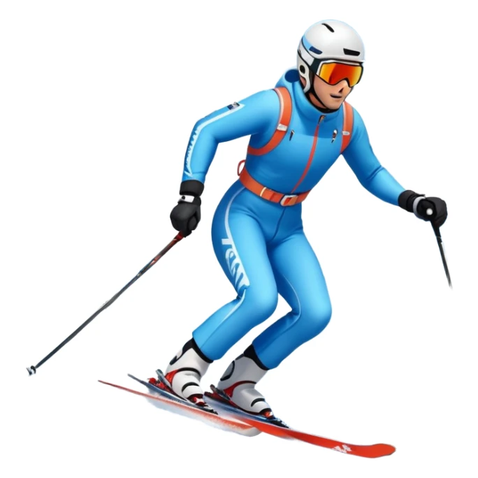 An icon featuring snowy peaks, pine trees, and a picturesque mountain landscape with a skier racing down a snow-covered slope, The sky is blue with soft clouds, capturing the thrill and beauty of alpine skiing. Transparent background highlights the excitement and serenity of winter sports. sticker