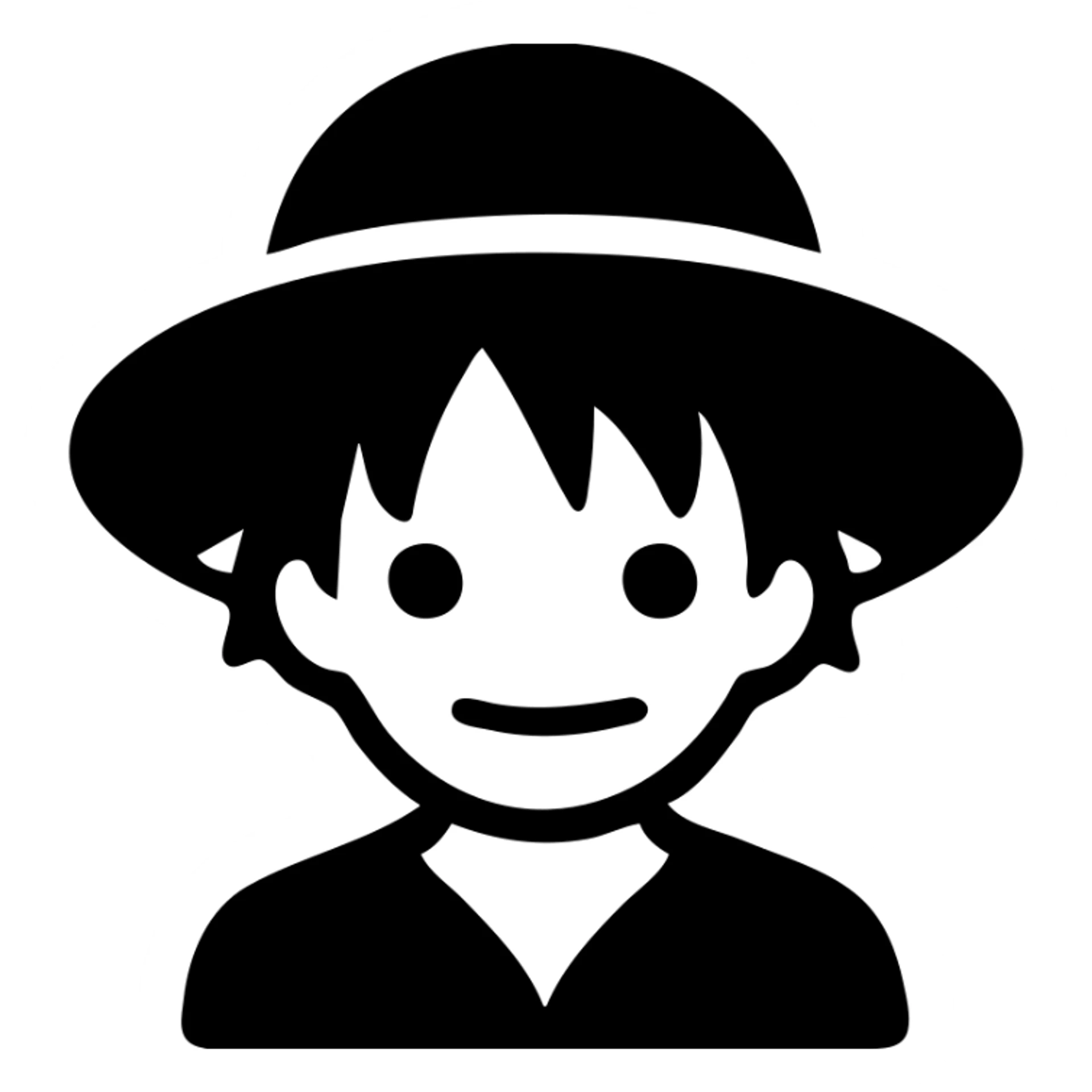 Luffy from One Piece as a solid black icon, filled silhouette, minimal facial features, focus on straw hat sticker