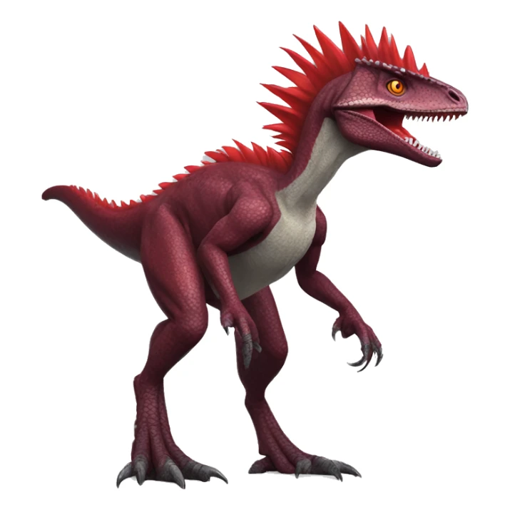 Cool edgy sexy Maroon-colored velociraptor with bright-red spiky mane full body sticker