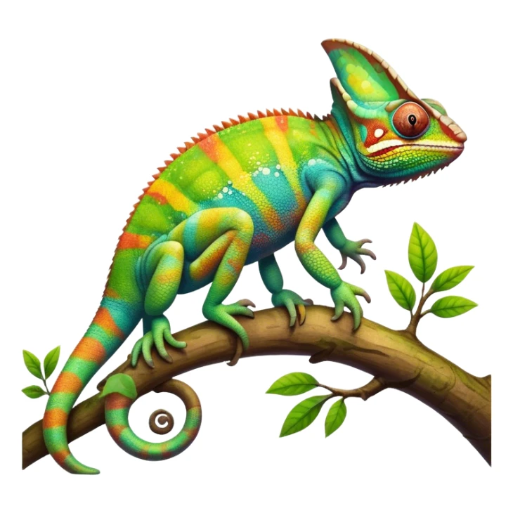 Giant Chameleon blending into natural surroundings, perched on a branch. Its vibrant colors shift with the environment. Lush greenery, branches, and soft sunlight create a peaceful, nature-filled background. Transparent background, showcasing the chameleon's colorful, textured skin. sticker