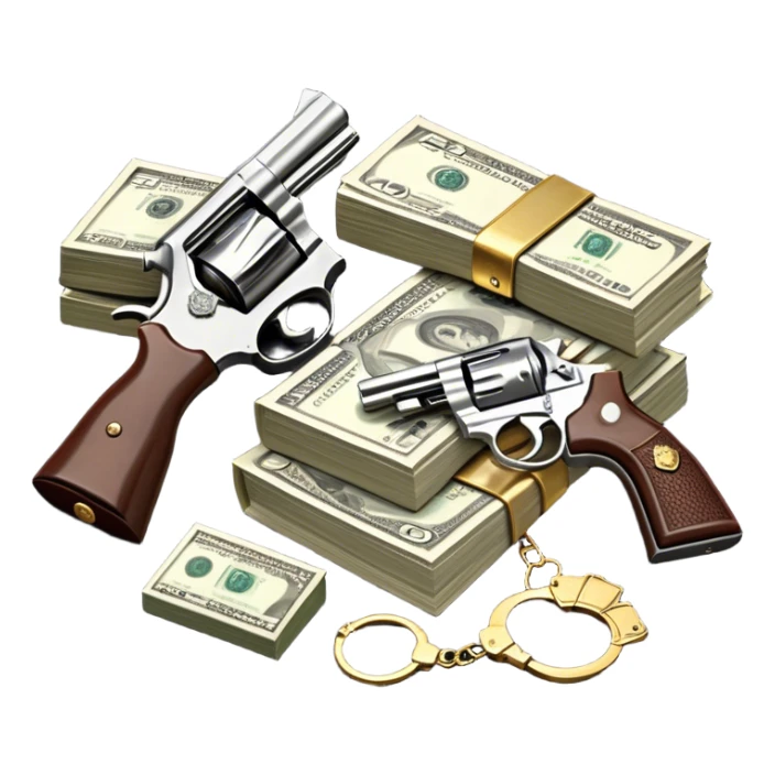 Icon for Action & Crime Reading: an open book, a revolver, handcuffs, a stack of cash. Surrounding elements include a dark alley, a police badge, and a pair of sunglasses. The icon should evoke tension, suspense, and action. Transparent background. sticker