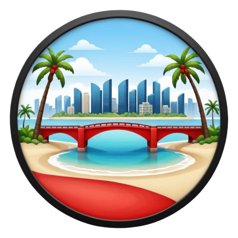 a circle island with modern buildings, a beach with palm trees in the front. also, a red bridge behind.  sticker