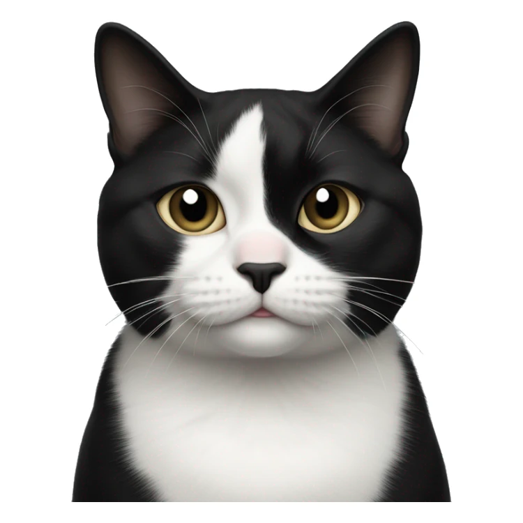 tuxedo cat that has mostly black and white, starting at the her bottom lip and extending down the center of her belly, except for a small black splotch on her chin slightly off-center to the left, and a tiny white mustache directly under her black nose.  sticker