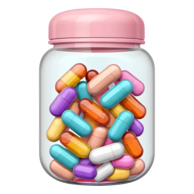 Transparent capsule jar with pastel pink lid, filled with multivitamins sticker