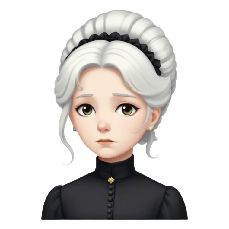 A Victorian woman with elegant coiffed white hair wearing a modest black turtleneck mourning dress looking down with a forlorn expression sticker