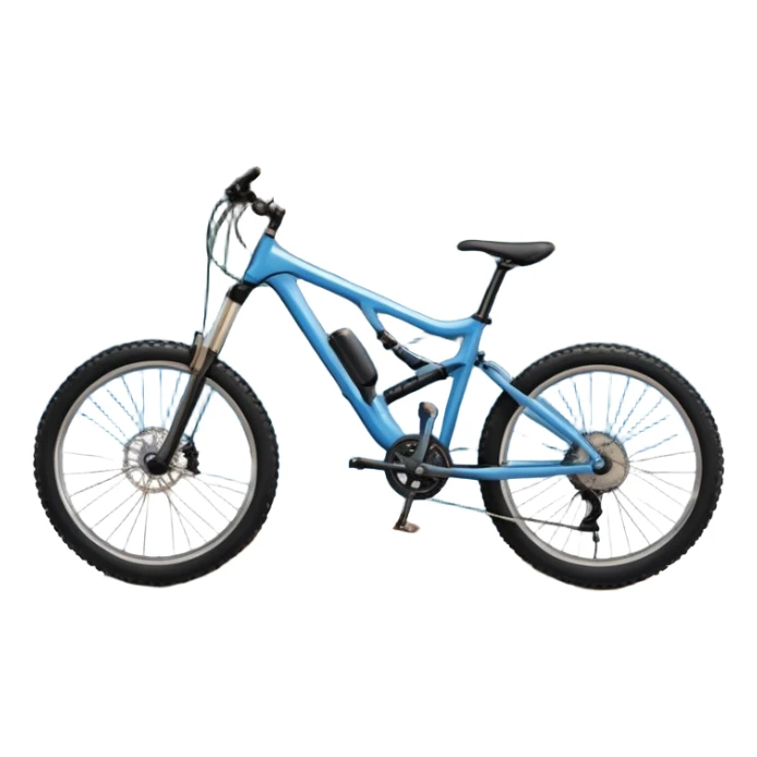 An icon featuring a mountain bike parked at the summit of a mountain, overlooking a vast mountain range and winding trail below. The backdrop includes rugged peaks, rolling hills, and a clear blue sky, with the sun casting warm light on the scene. Transparent background emphasizes the adventure. sticker