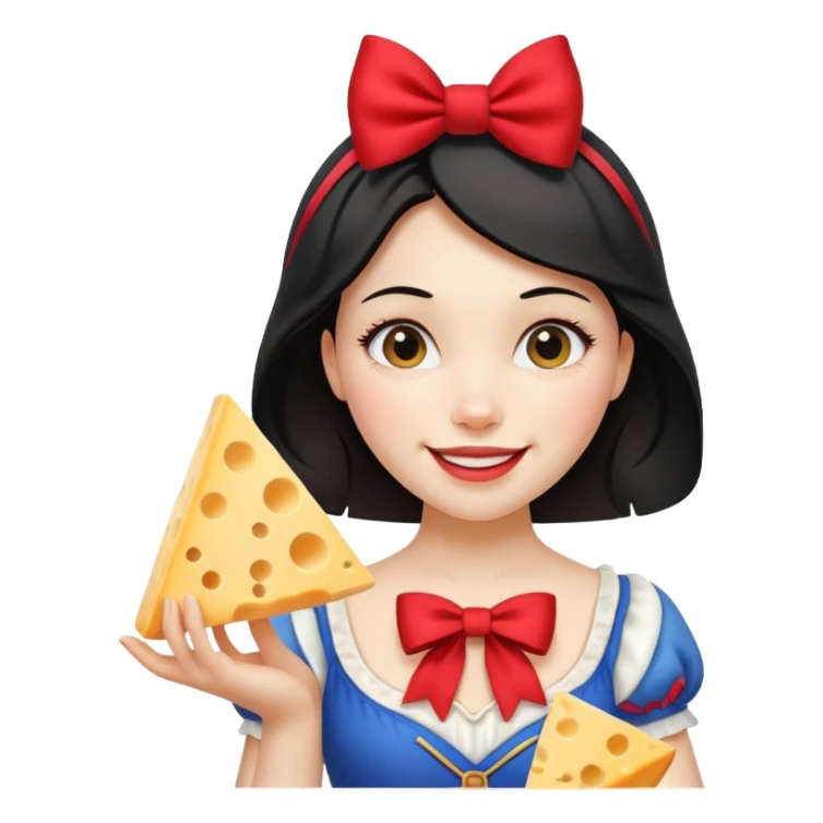  smiling Snow White with red bow holding triangle wedge of cheese sticker