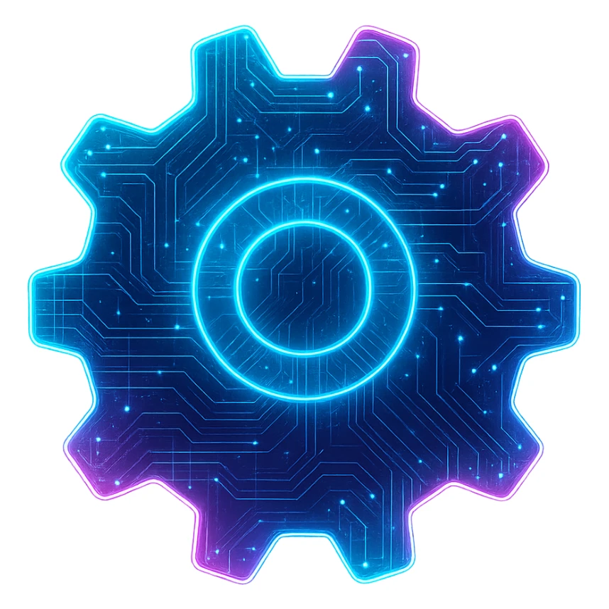 Transform the Windows settings icon (gear) into a cyberpunk, holographic style with glowing neon blue and pink edges, circuit patterns throughout the entire icon, and a transparent background. Maintain the recognizable gear shape, overlaying neon and circuit effects in a consistent futuristic, clean cyberpunk glow style with intricate circuit details. sticker