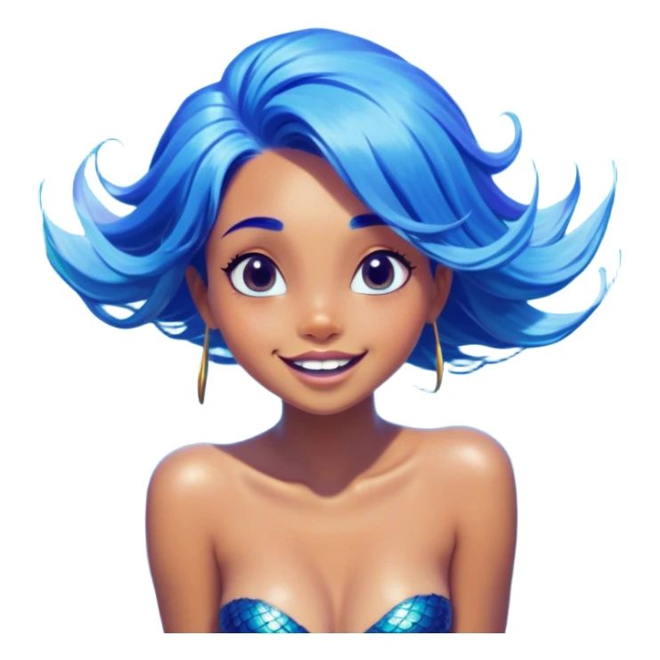 Cinematic Realistic Blue Hair Mermaid Portrait, head tilted dramatically with an exaggeratedly amused expression, featuring a striking, vibrant form with meticulously detailed, flowing blue hair and glowing, tanned skin. Her expressive eyes brim with playful marine mischief, rendered with dynamic underwater lighting and vibrant textures that imbue the scene with an air of cheeky, over‐the‐top oceanic whimsy—capturing the essence of a spirited mermaid ready to enchant with coastal charm. sticker