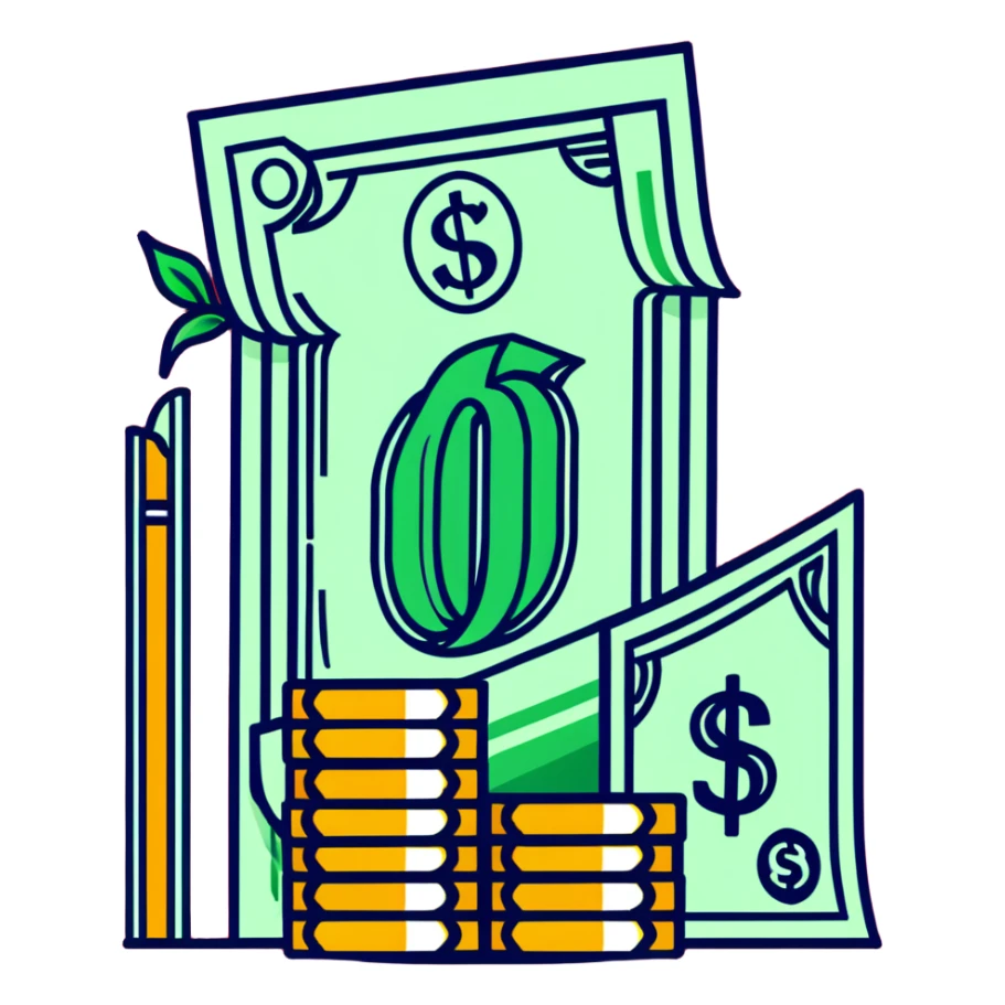 upward green arrow next to a tall growing stack of dollar bills and coins sticker