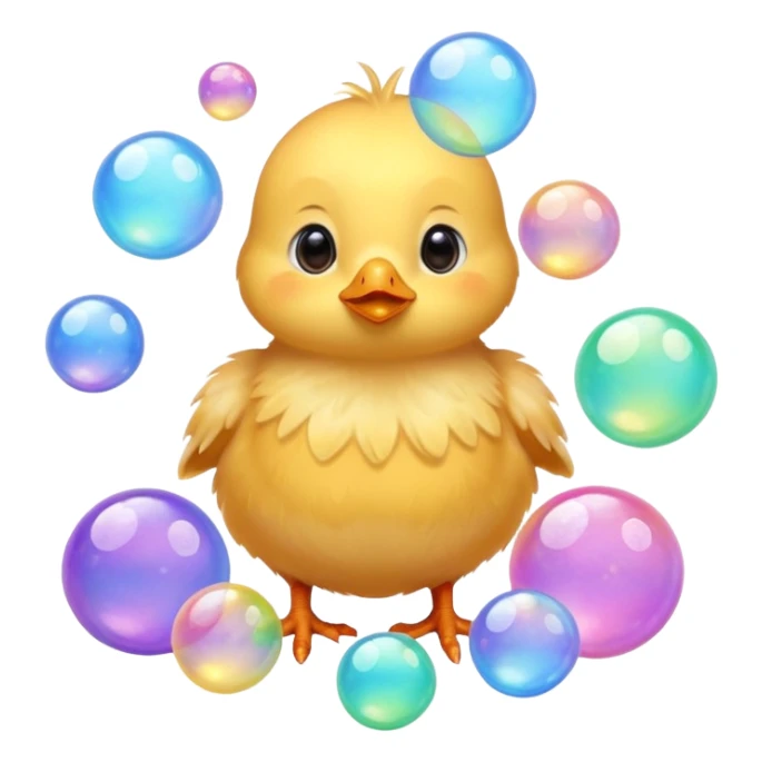 Hyperrealistic, soft furry colorful Baby chick surrounded by Hyperrealistic iridescent translucent bubbles, still life, isolated. 8k sticker