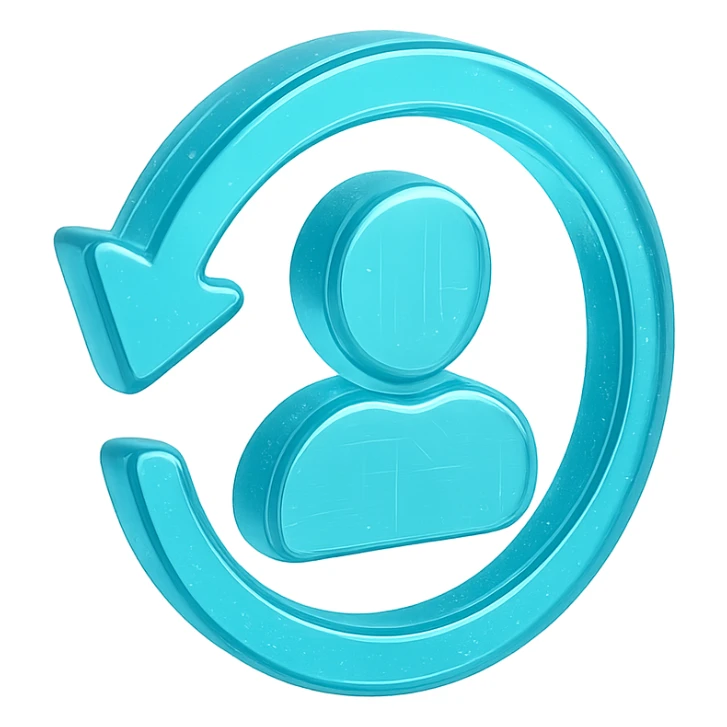Icon of a circular arrow chasing a user silhouette, cyan blue sticker