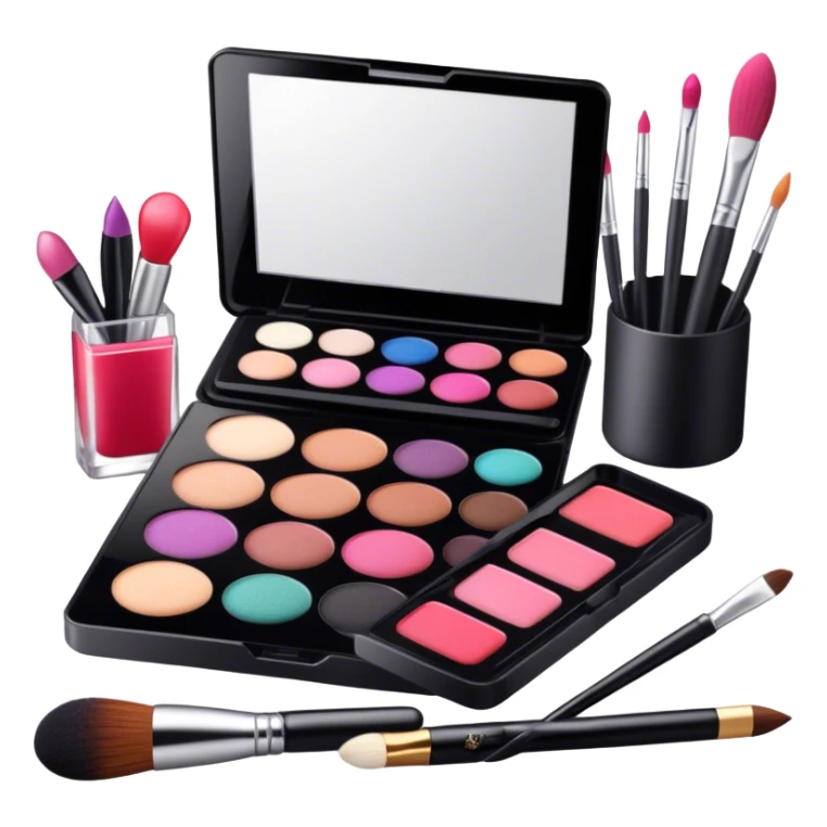 icon featuring professional makeup brushes, a high-quality lipstick, a big sleek eyeshadow palette, a makeup sponge and a set of tools like tweezers and eyeliner pencil. The design highlights the precision and artistry of makeup with detailed textures and realistic lighting. Transparent background. sticker