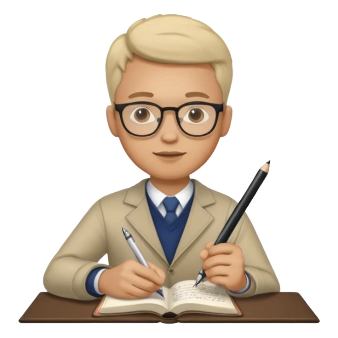 man hold a pen in hand write in book , wearing glasses sticker