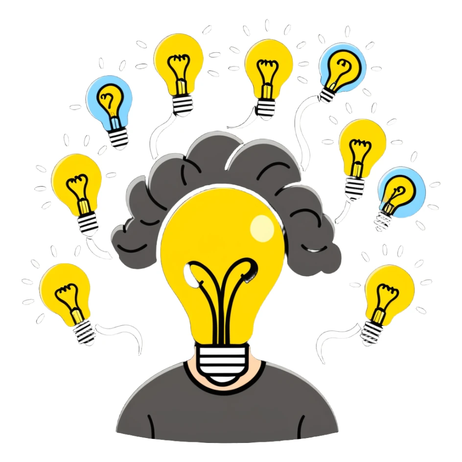 Person with a chaotic mind, swirling tornado of tangled thoughts around their head, containing question marks, light bulbs, and scribbles. The person has a bewildered, overwhelmed expression. sticker