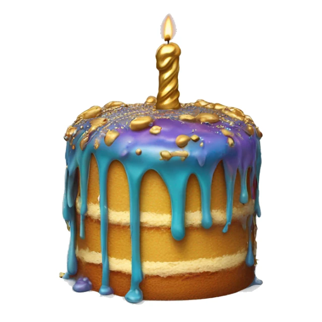 Realistic isolated colorful cake with metallic gold icing dripping from top and all down along the cake sticker