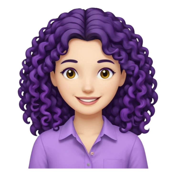 mujer blanca con cabello largo rizado negro sonriendo con camisa lila sticker