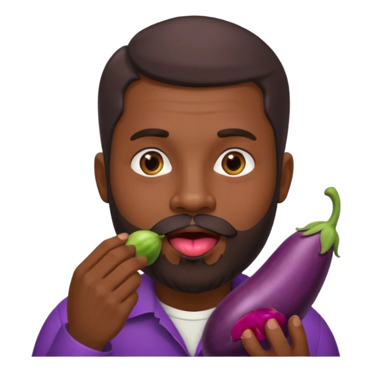 Dominican man with a beard is licking an eggplant sticker