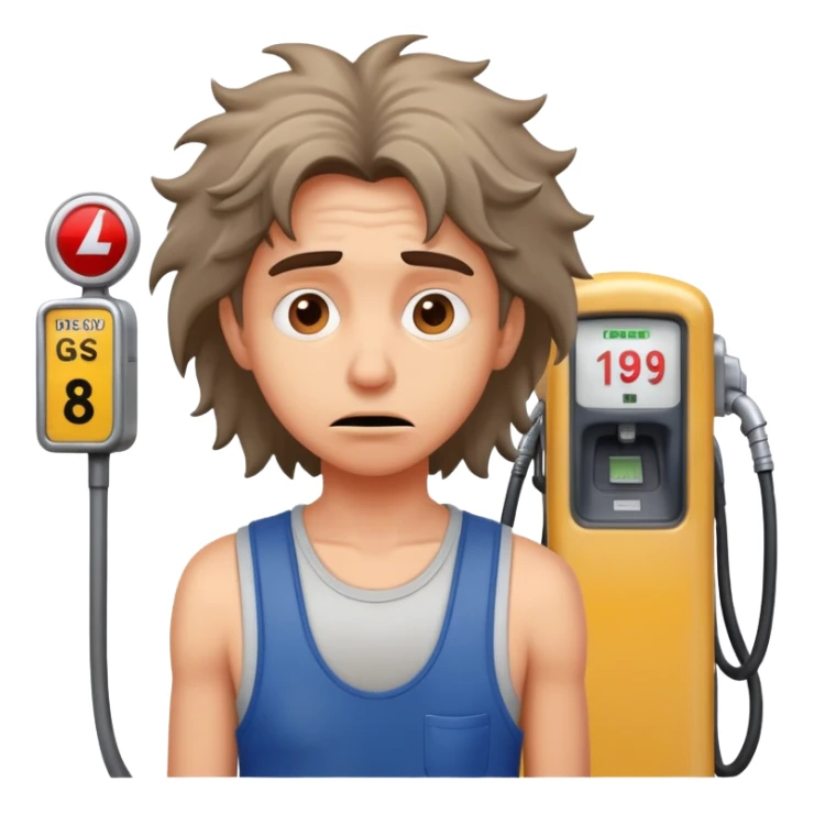 Disheveled person with anxious expression at a gas station pump sticker