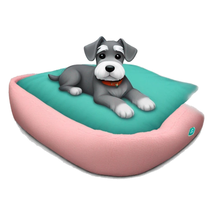 Grey and white mini schnauzer full body asleep in teal dog bed      sticker