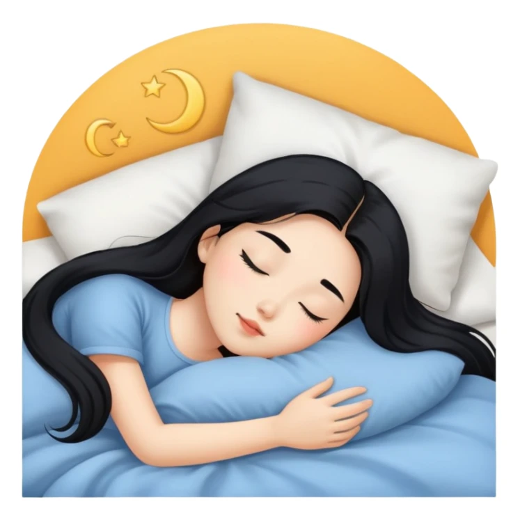 Beautiful Asian girl with long black hair sleeping in bed sticker