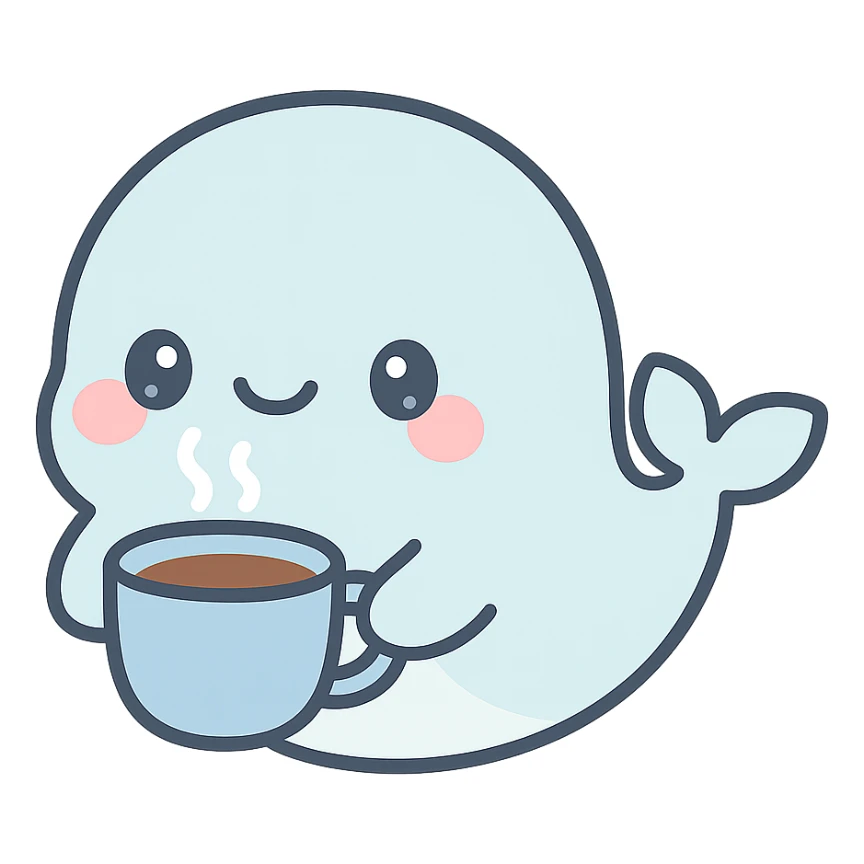 adorable cartoon whale with a steaming blue coffee cup, playful and sweet sticker