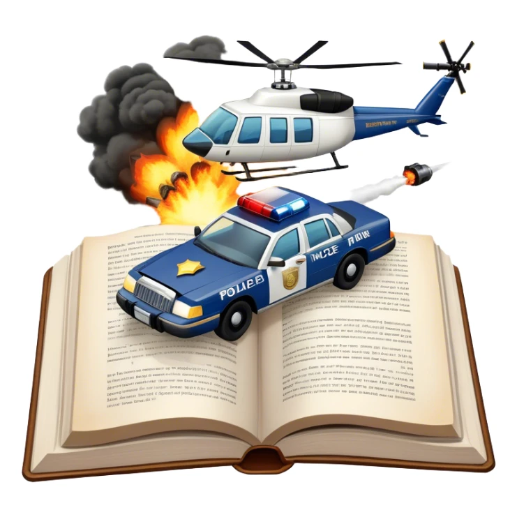 Icon for Action & Crime Reading: an open large book with text on the pages, a police car is driving out, with explosions behind, a helicopter flying above, a pistol with bullets in the front. The icon should capture the thrilling action and suspense of crime stories. Transparent background. sticker