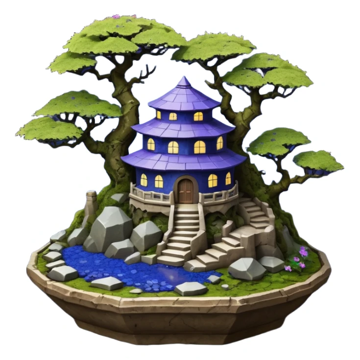  Ancient saucer-castle-house jungle winding trail mountainside getaway haunted nighttime landscape antique mudman very old broken cracked intricately detailed Stone Age lapis-crusted irregular dodecagon-shaped shallow dark moss rough bark violet flowered maple bonsai Saikei pot sticker