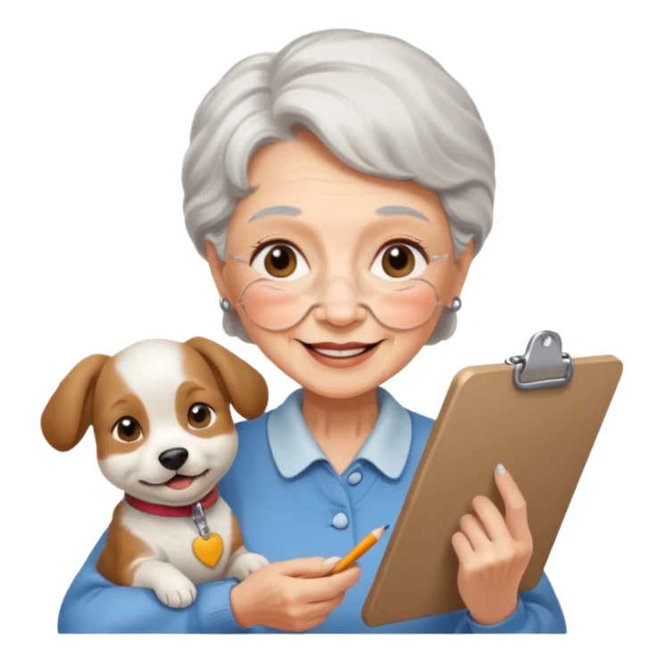 An elderly woman sketching, art board,nice picture, puppy face. sticker
