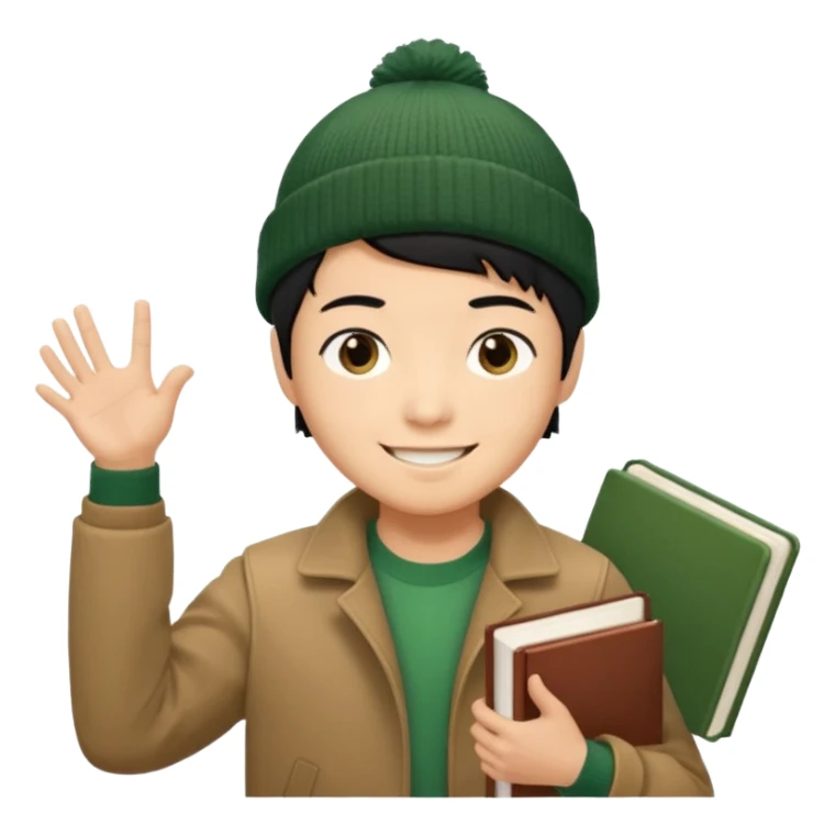 asian, tan skin, non binary asian man with pixie cut black hair, wearing brown jacket and dark green beanie, smiling , holding up books  sticker