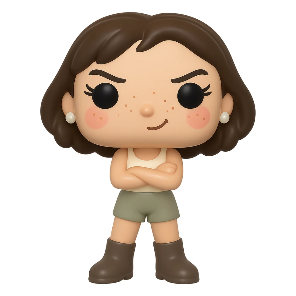 Create a Funko Pop style vinyl figure inspired by the reference image. The figure should have a cream-colored tank top, greige shorts, dark greige mid-calf Santiago boots, messy dark brown bob haircut, small freshwater pearl earrings, rosy cheeks, light freckles, three eyelashes on each eye, and a mischievous expression with arms crossed. The background should be transparent. No other accessories included. sticker