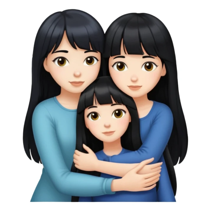 two white girls with long black hair hugging, one girl has bangs sticker