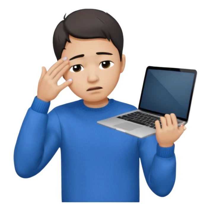 a crying asian handsome guy wearing a blue knit with white shirt, facepalming with only one hand, with a macbook, only upper body, high quality.  sticker