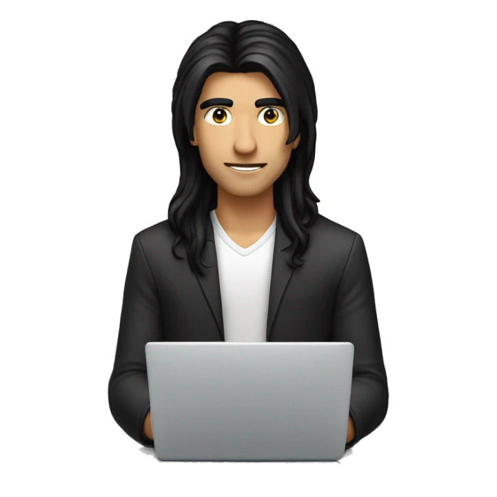 a fair screen guy with long length black hair working on a laptop haing black or brow eyes sticker
