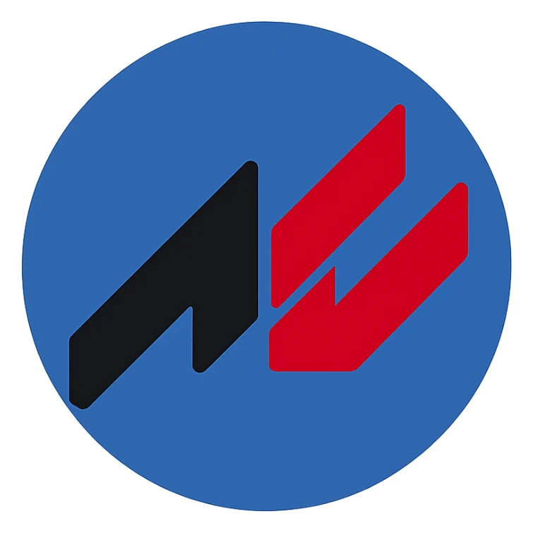 Edit the images to show an AC icon inside a blue circle with a very simple flat color clip art style. Use the darkest blue from the palette for the circle background. Keep the AC icon black and red with no white outline. Ensure the icon is fully enclosed within the blue circle. Minimal style, transparent background, no text. sticker