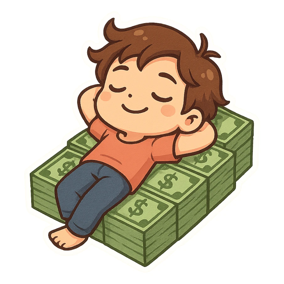 happy person napping on mattress of money sticker