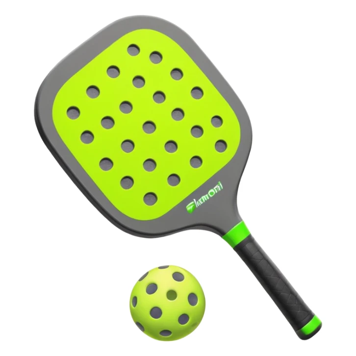Modern Pickleball paddle graphite without holes, dark grey. 1 Pickleball ball beside or on top the paddle florescent green at 45 degrees sticker