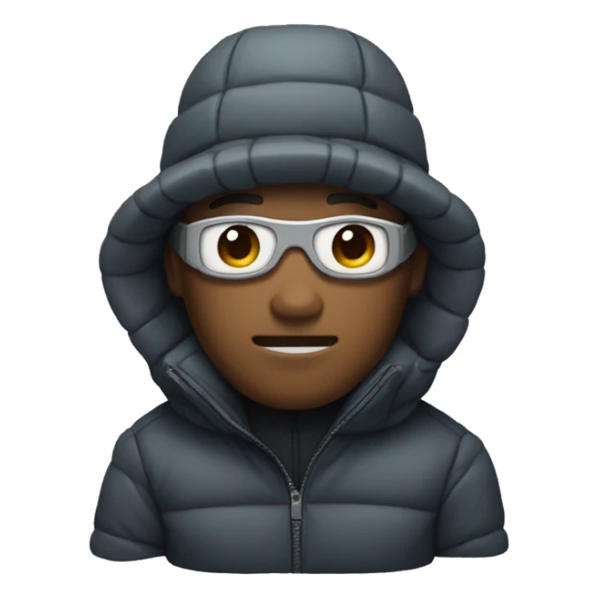 Guy wearing a puffer jacket,bucket hat, and a mask sticker