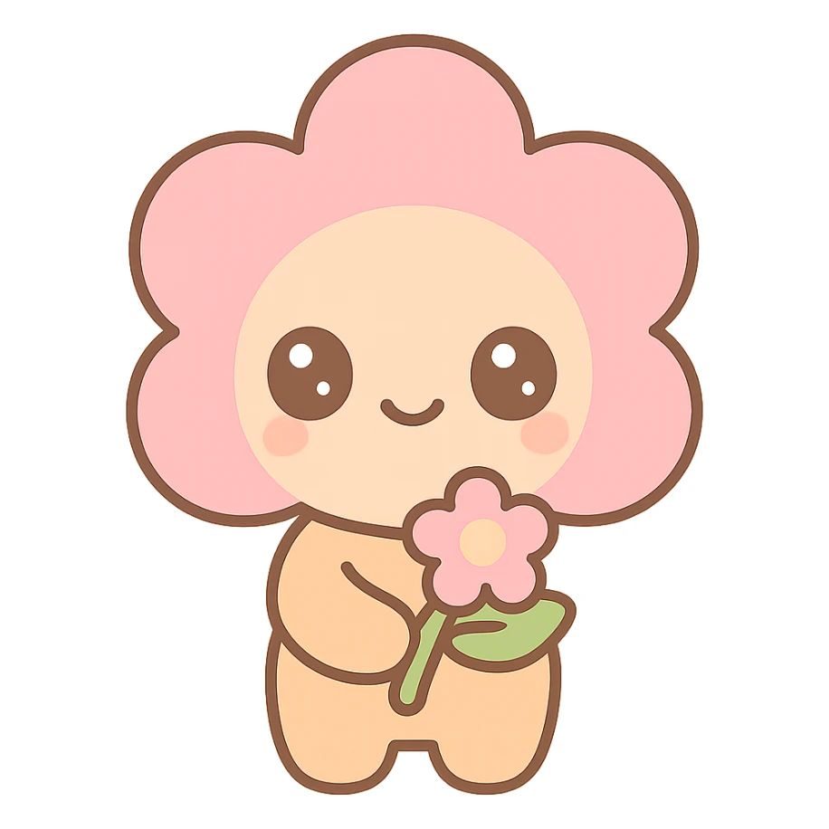blossom cookie character, holding a flower, kawaii style sticker