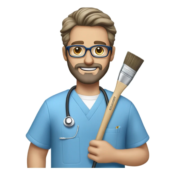 male dark blond haired doctor with grey van dyke beard with hazel eyes and small wire-rimmed glasses in blue scrubs holding a large paintbrush sticker