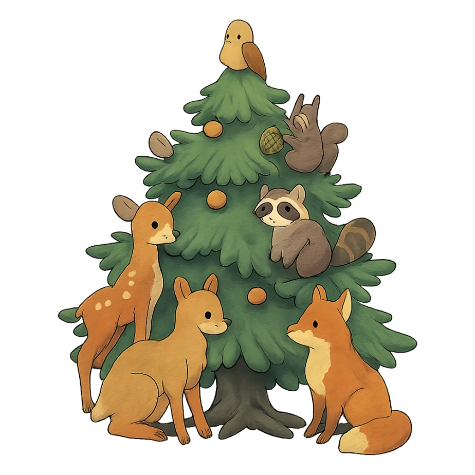 pine tree decorated with woodland critters in ghibli style sticker