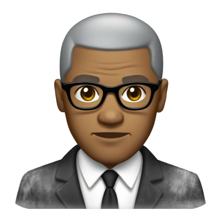 Malcolm x  with small round face and suit and glasses and buzz cut and small black eyes and small gray beard and small black eyes and wrinkled forehead sticker
