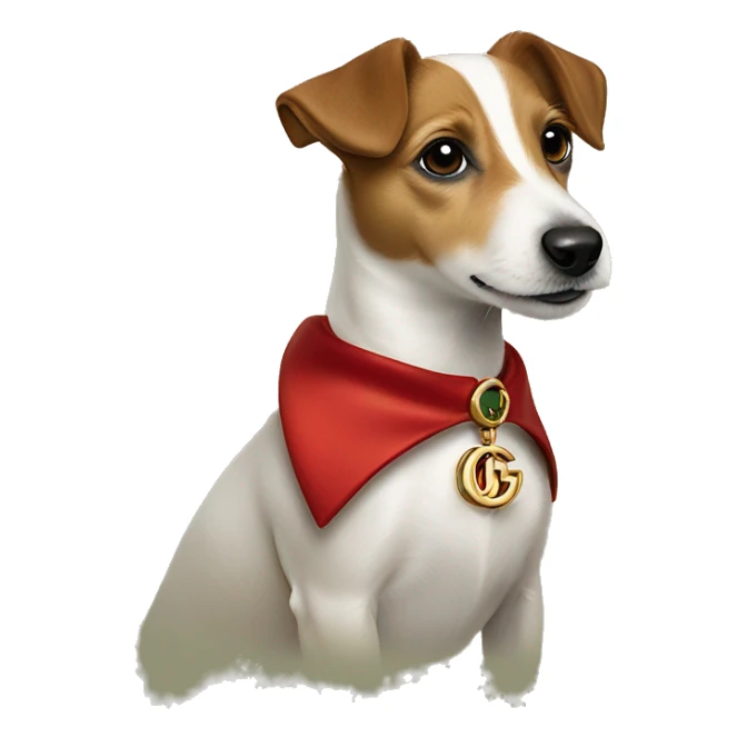one year old jack russell terrier light brown wearing gucci gold green and red GG more gucci sticker