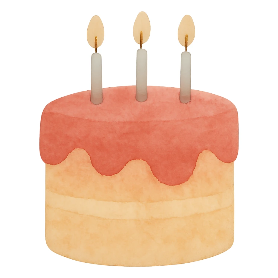 large red and yellow birthday cake with three candles, watercolor style, no background sticker