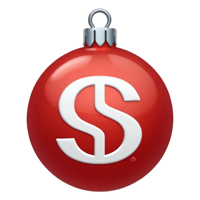 red Christmas ball with white "S" logo sticker