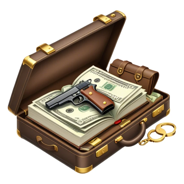 Icon for Action & Crime Reading: an open book, action-packed scenes, featuring a gun, handcuffs, a detective's badge and a briefcase with money. The icon should capture the tension and excitement of crime and action stories. Transparent background. sticker